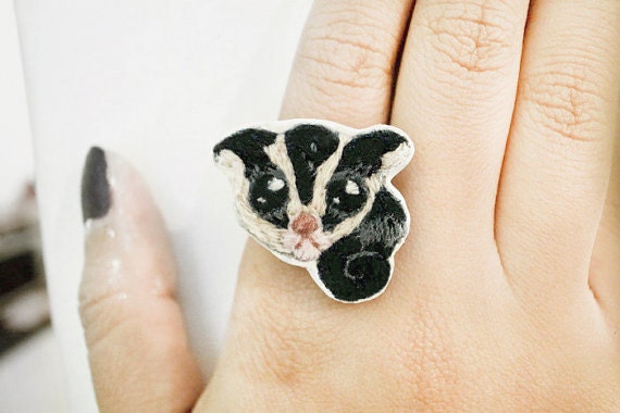 Little wild Sugar Glider hand Embroidery Ring (adjustable) - Exotic pet - lovely - unique