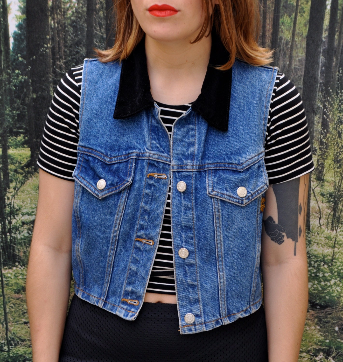 90s Cropped Denim Vest with Velvet Collar/FREE SHIPPING