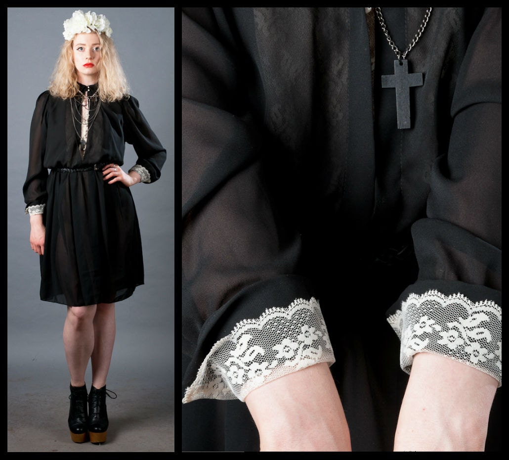 Vintage Black and White Chiffon and Lace Goth Lolita Dress 14