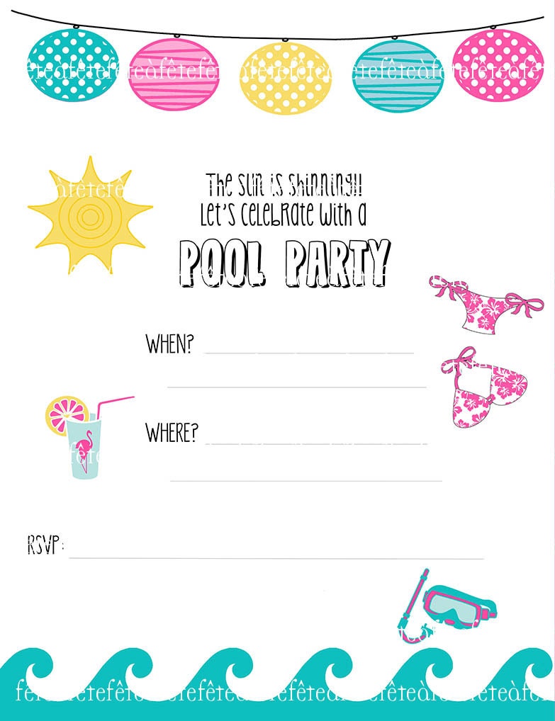 Summer Pool Party - Blue, Pink & Yellow PRINTABLE Party Invitation (4"x5", 10x12.5cm)
