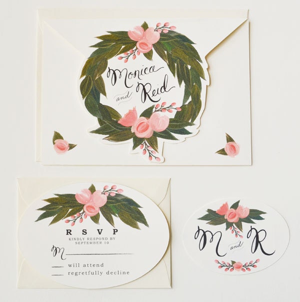 Wedding Invitation Suite/Set of 50 Hand painted Floral wreath