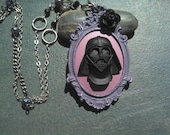 Darth Vader Cameo Necklace, Black and Purple Pendant w Black Rose, Silver Tone Chain w Accents, Star Wars Jewelry