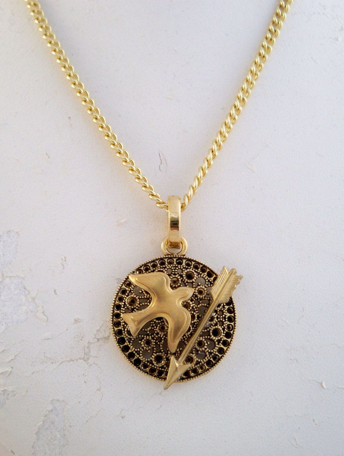 Hunger Games Mockingjay Gold Katniss Inspired Necklace with Bird and Arrow
