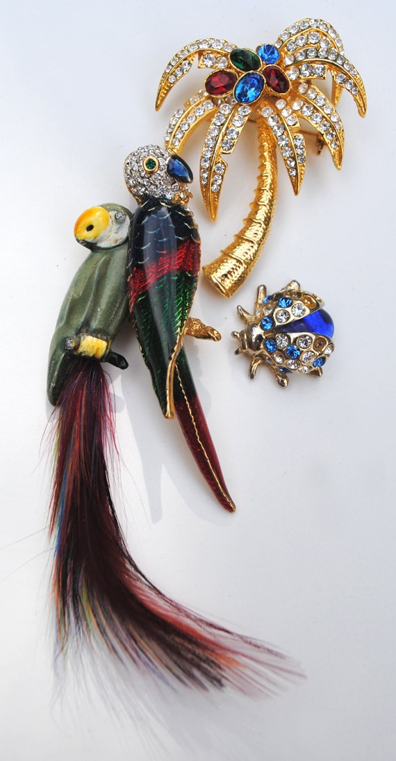 Vintage Tropical Parrot Palm Tree Rhinestone Lady Bug Brooch Lot