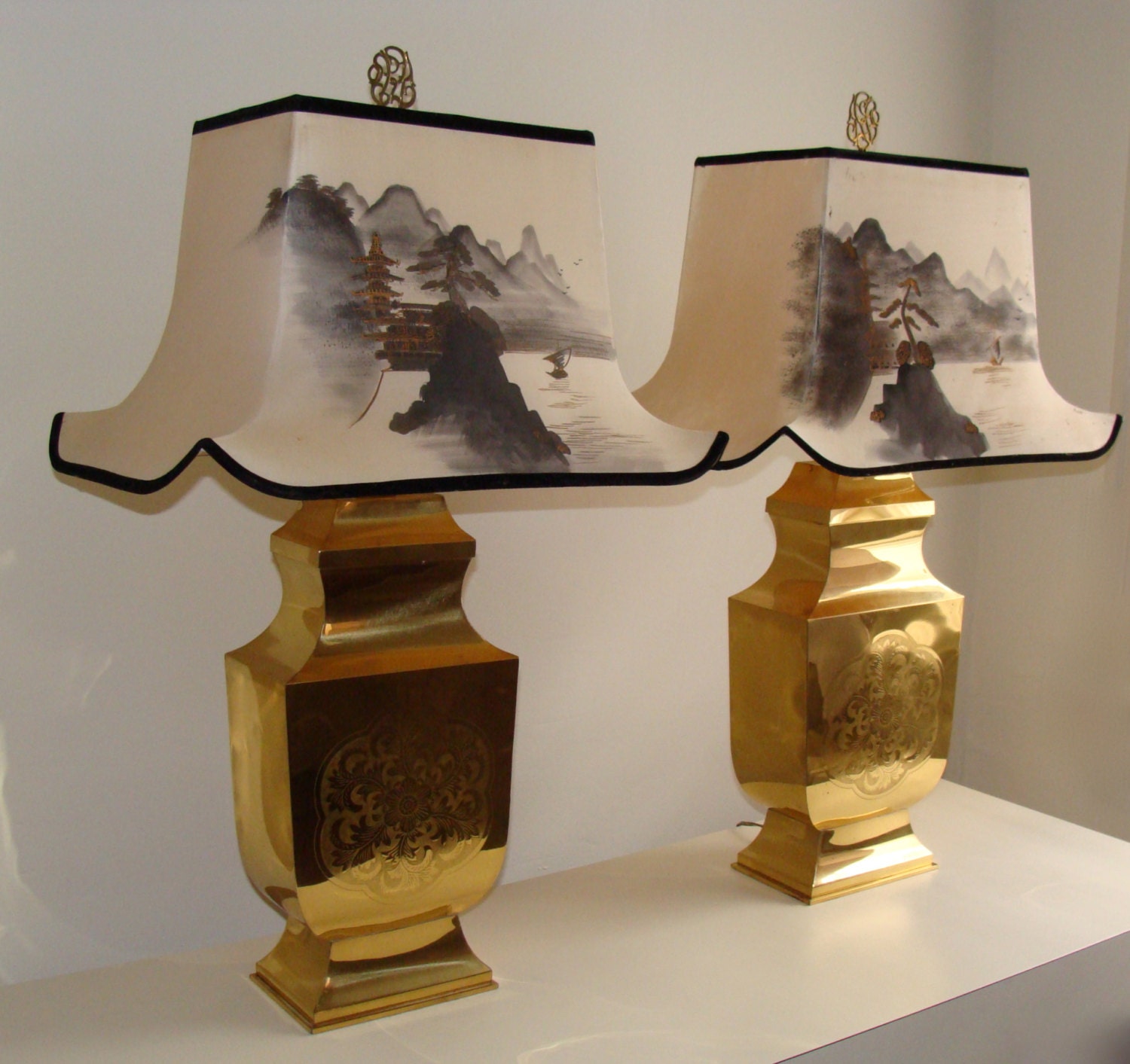 Pair of Large Stunning Hollywood Regency Gold Lamps Vintage Chinoiserie Shades Hand Painted Matching Set