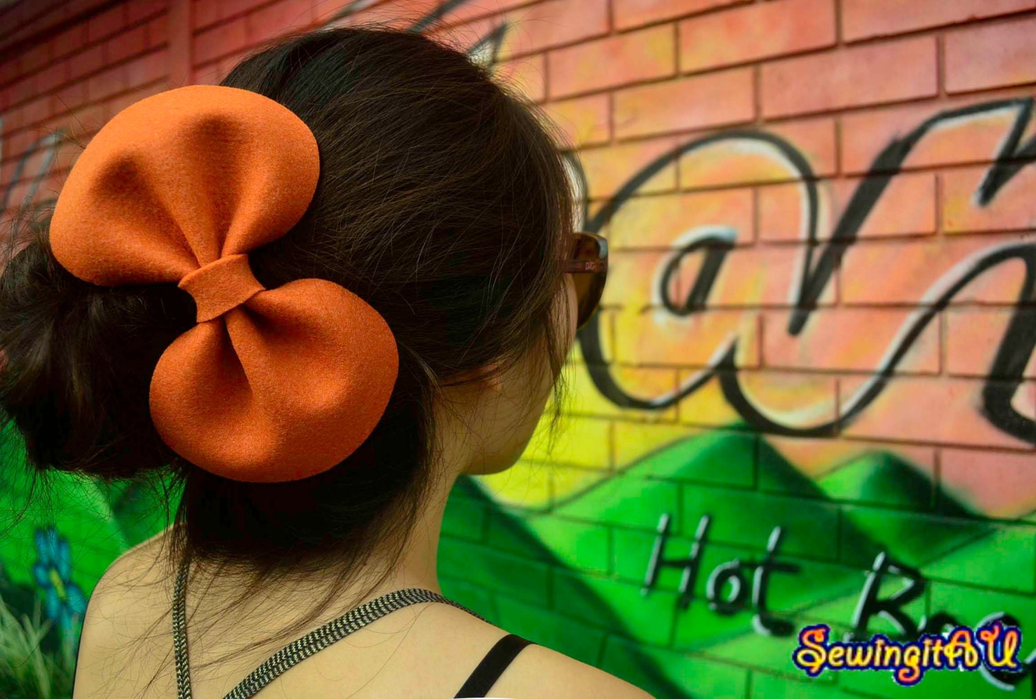 Orange felt round big bow barrette hair clip extra large bow pop hair accessory adult large head piece halloween