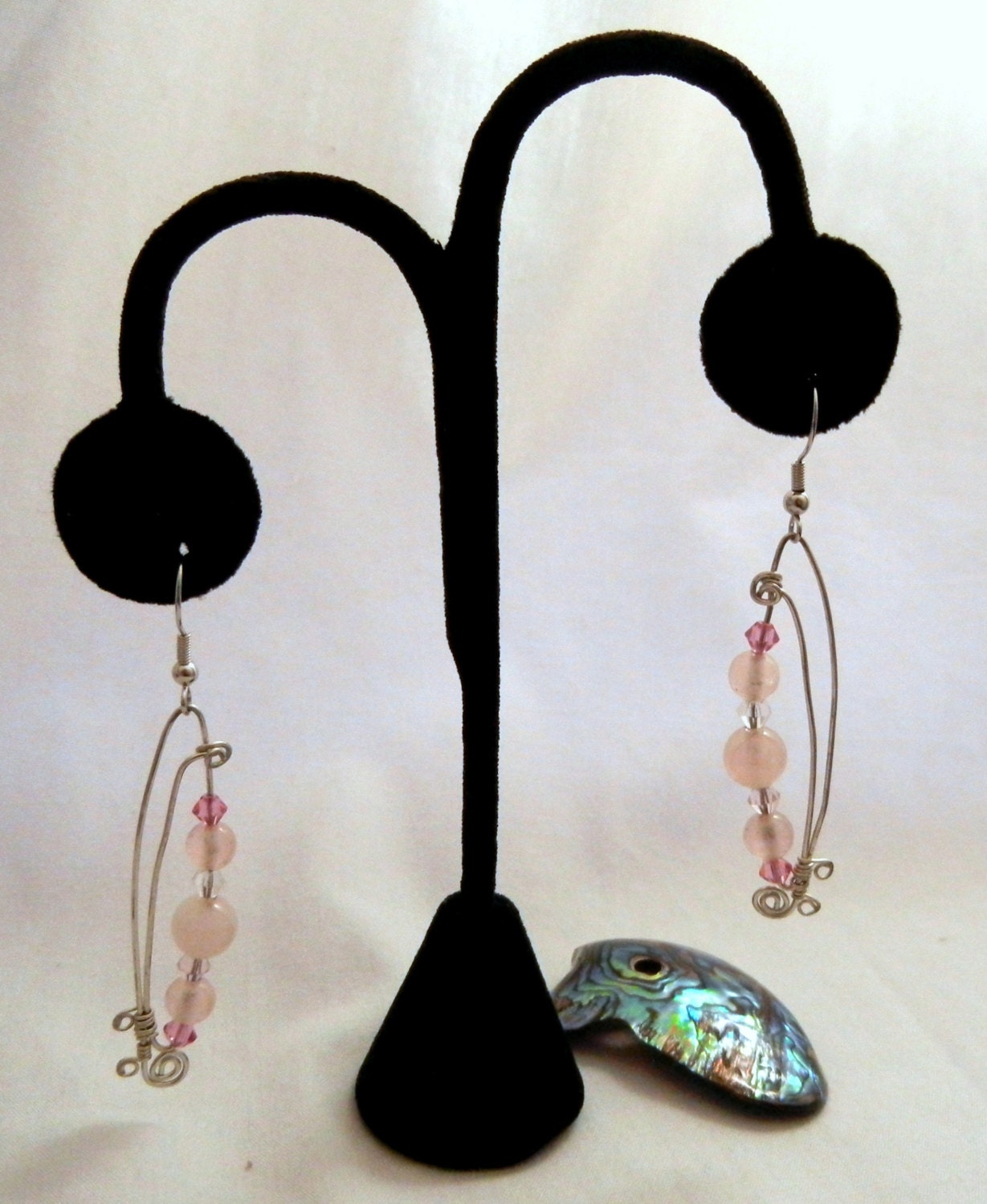 JEWELRY SALE - Handmade Rose Quartz and pink swarovski crystal wire Earrings, Simple and Beautiful