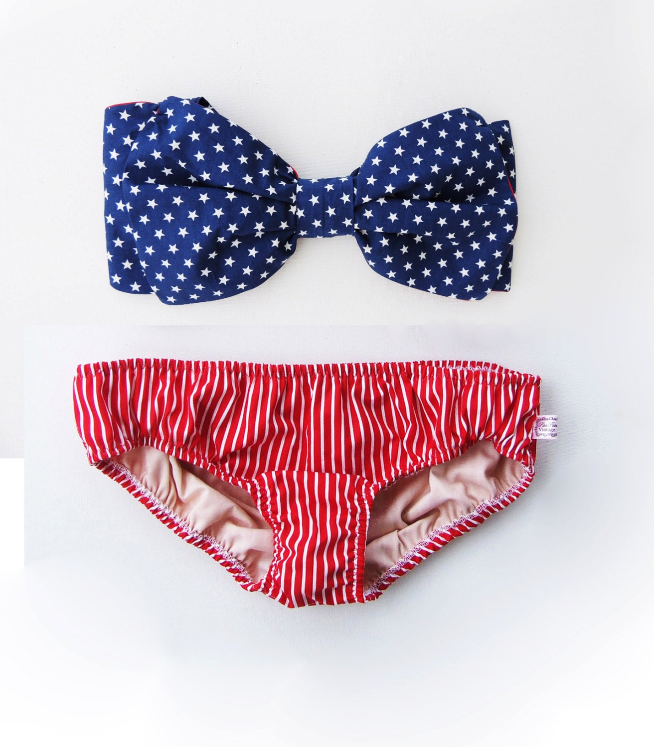 Vintage Bow Bikini Bandeau Sunsuit. DiVa Halter Neck.Miss USA Stars Bikini Top Red  White Stripe Panties.Sunbathing Sexy Cute Bra Pin up.