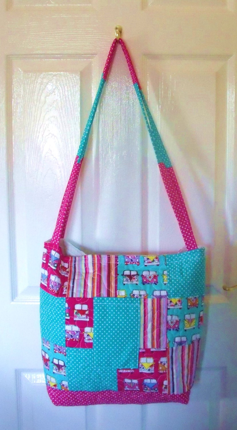 VW Camper Van, Handmade Quilted Tote Bag, large size, shoulder strap, ideal for beach.