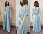 Vintage 1970s maxi dress, light Cinderella pastel blue polyester, flutter sleeve capelet, summer wedding retro flowing