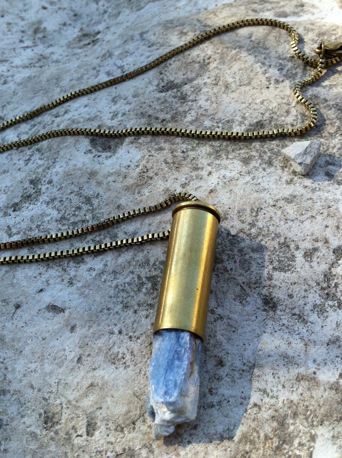 Brass bullet with crystal  rough Kyanite stone necklace