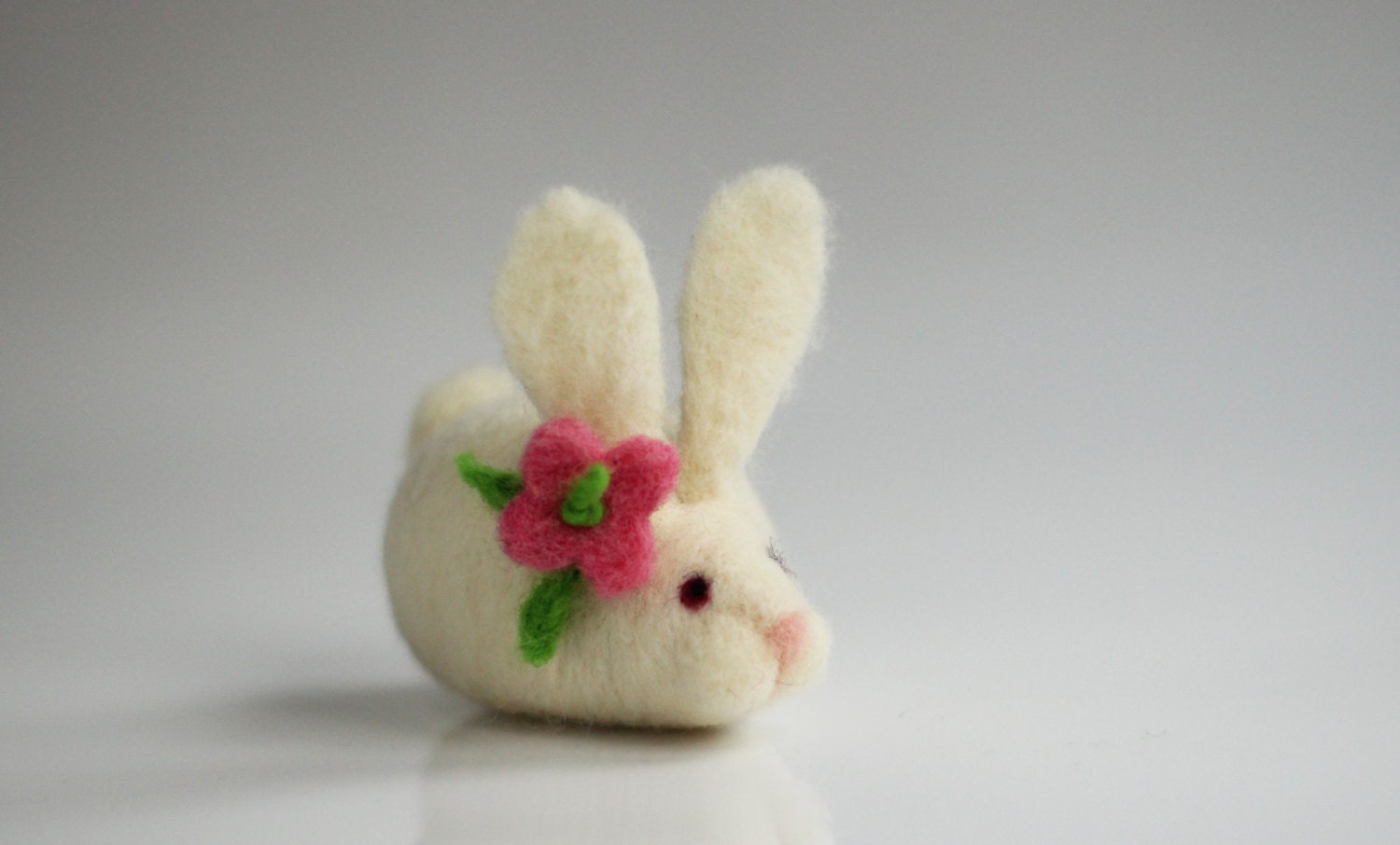 Little White Bunny With A Pink Flower  - Felted Art Doll - Home Decoration