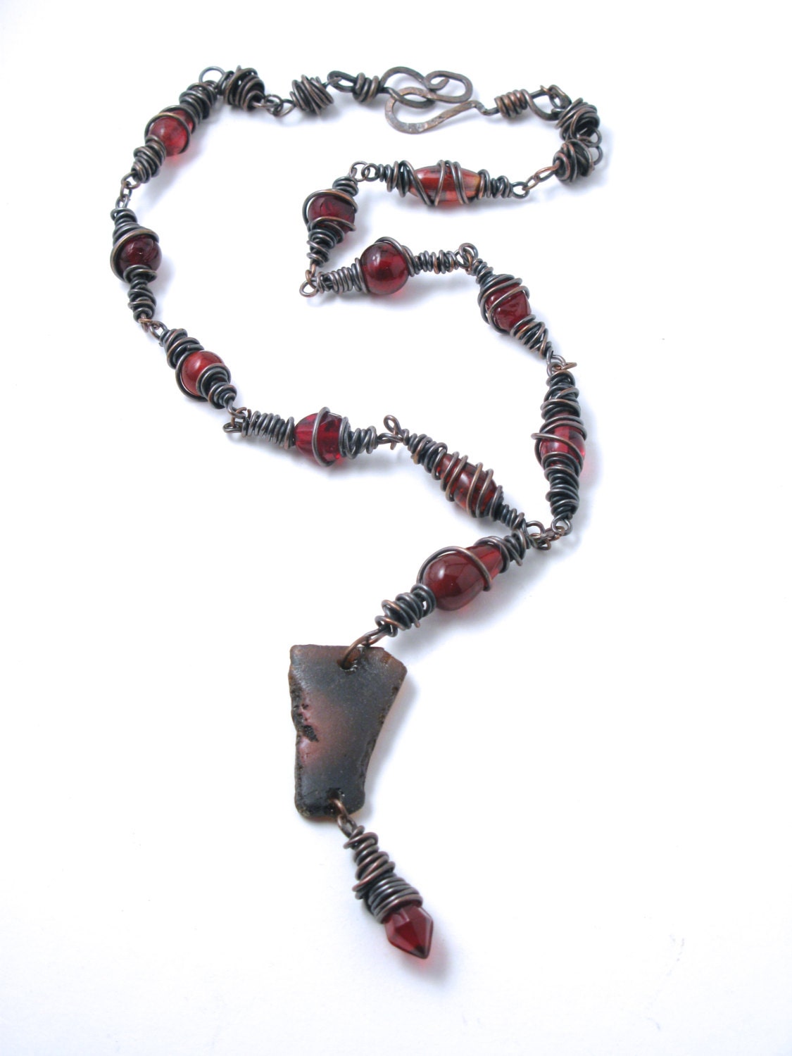 Brown with Red Bonfire Sea Glass on an Antiqued Copper Wire Wrapped Red Glass Bead Necklace with a Handmade Clasp 20"