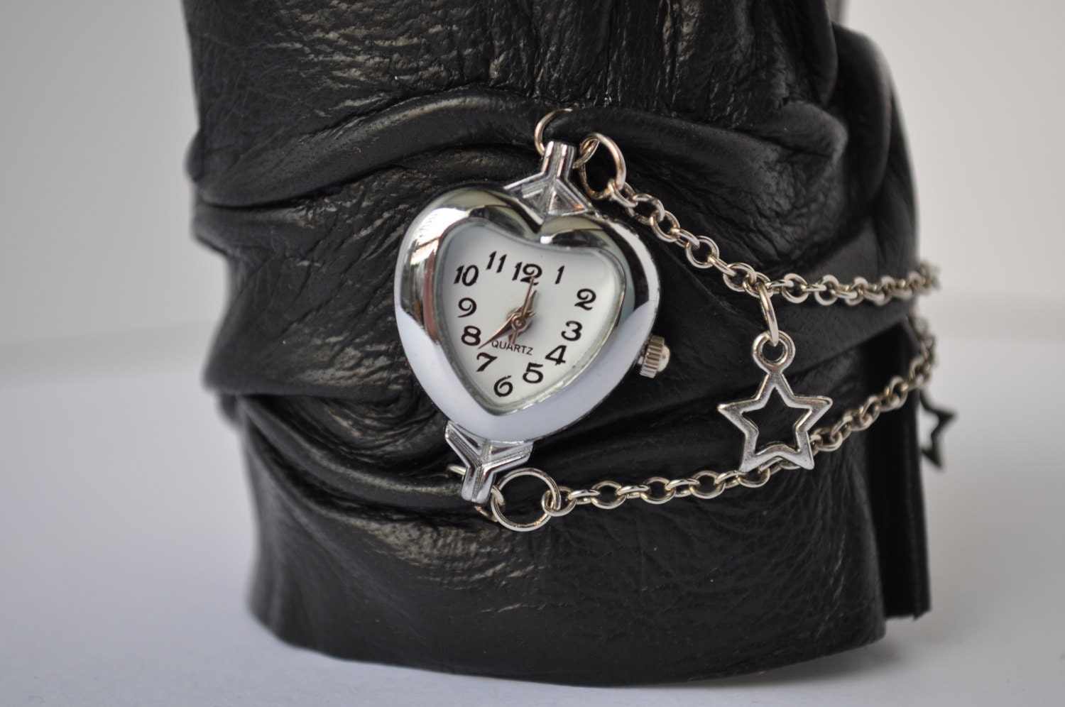 Leather Cuff / Women Girl Handmade Black Leather Wrist Bracelet With Metal Chain and Watch / Clock by HocusPocusStudio