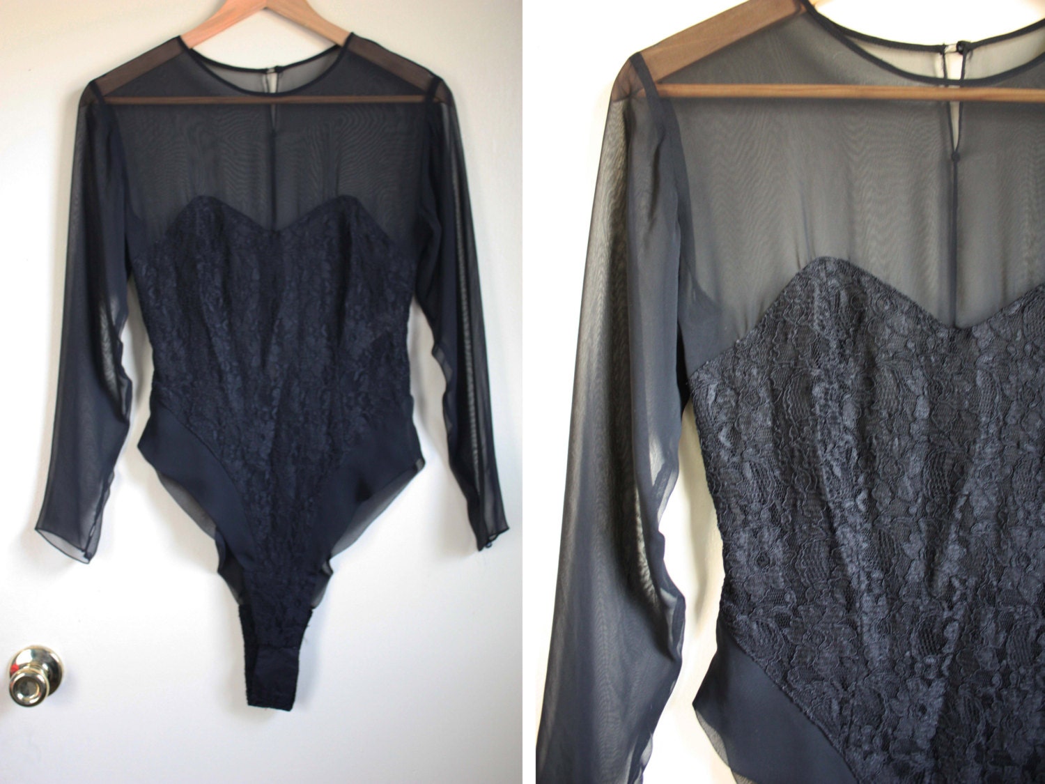 Vintage Victoria's Secret Black Lace Bodysuit // Sheer Mesh Long Sleeve Teddy
