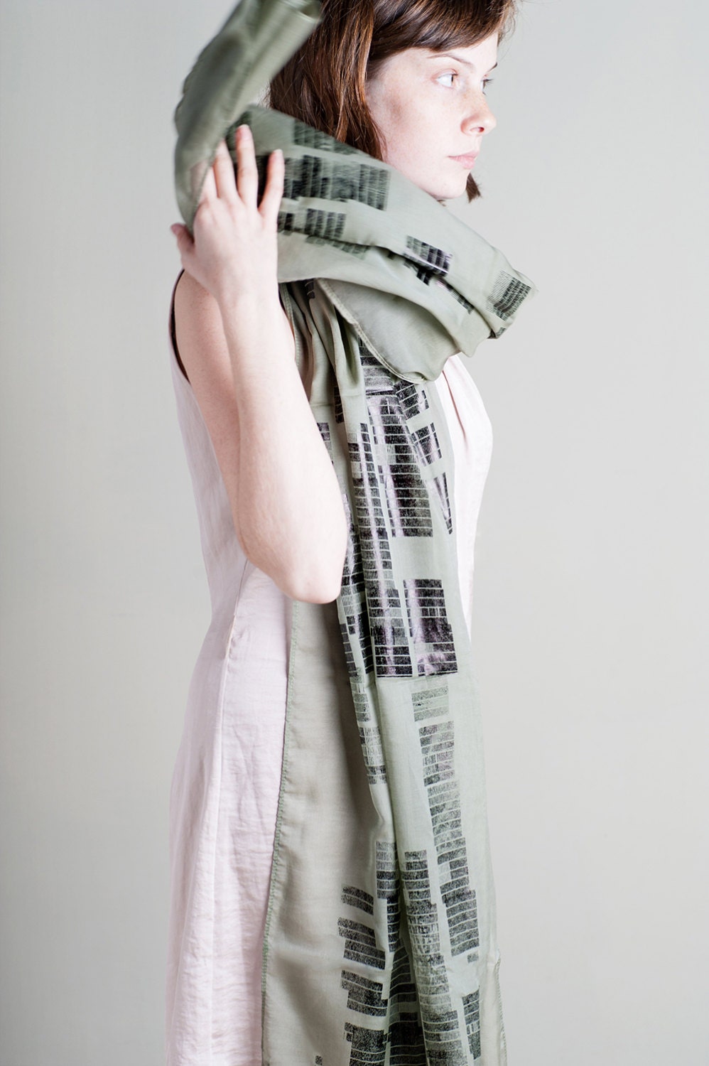 Hand Screen Printed Sheer Cotton Voile Scarf, Olive Green Light Women Scarf. - LeeCoren