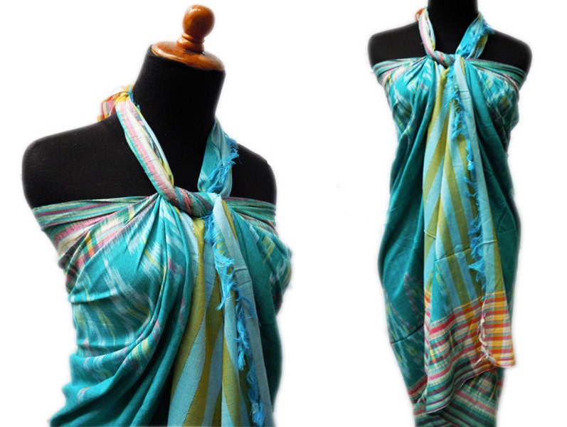 IKAT Sarongs, Beach Sarong, Beach Cover Up, Pareo,  Swimwear, Shawl, Scarf, WOVEN & HANDMADE, Turquoise Green, Size 47 inches x 67 inches.