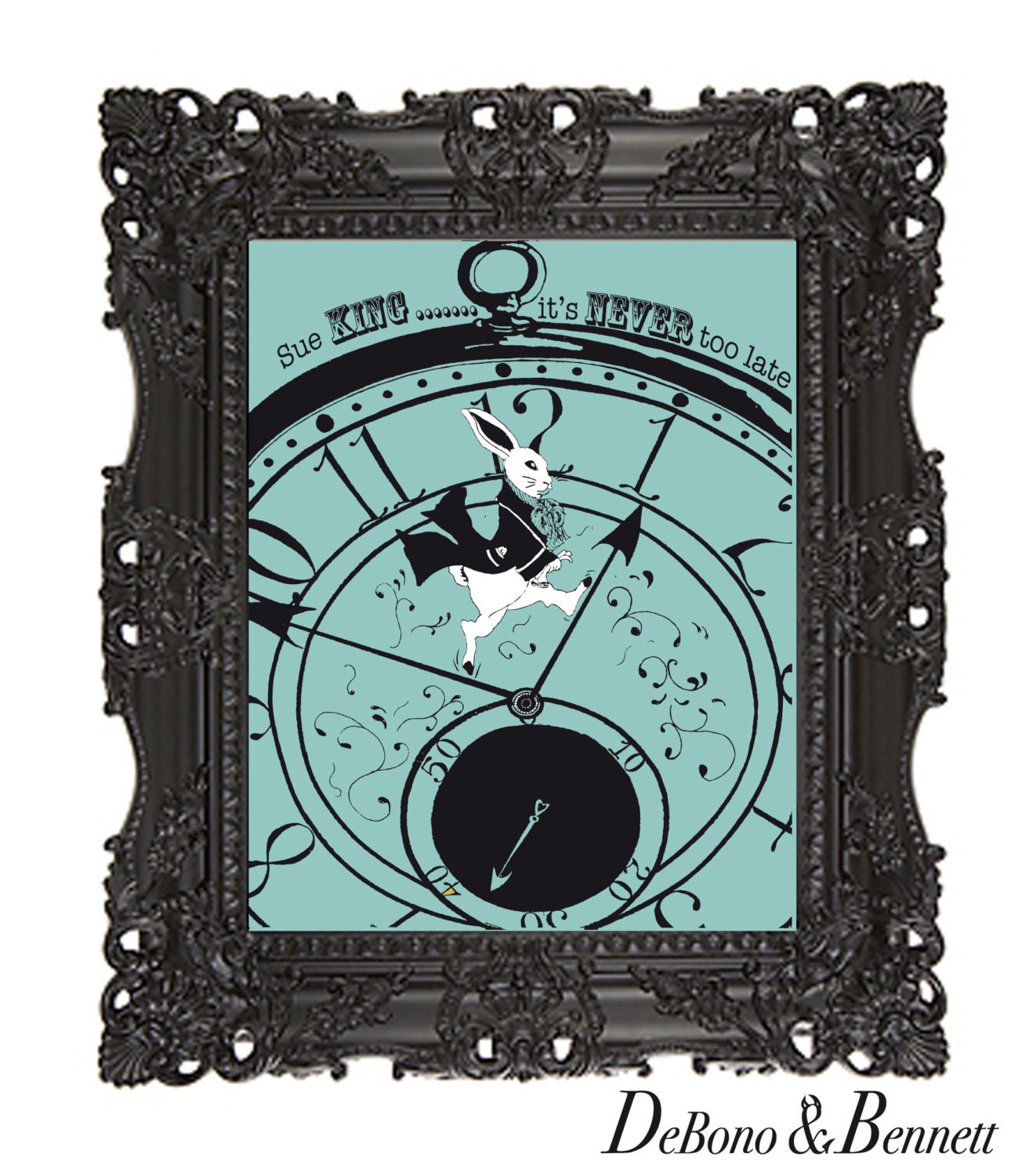 Retro Inspirational Quote Giclee Art Print - Vintage Typography Decor - Customize - "It's never too late" clock in Aqua - UK