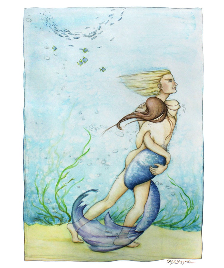 Mermaid and Sea Prince- fairytale watercolor illustration - sea lovers- fantasy art-  8.5x11 archival art print