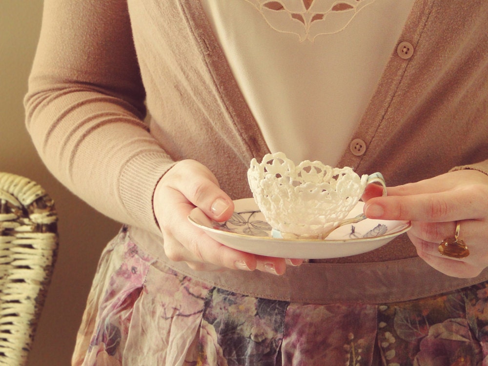 Lace Teacup - Doily and Vintage Atlas Paper Antique White Teacup - Holds jewelry, keepsakes and trinkets