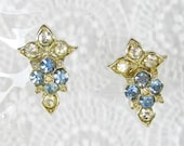 Vintage Flower Earrings, Blue Clear Rhinestones Cluster, Screw-backs, Designer DUANE, 1930s 1940s Art Deco Retro Floral Jewelry