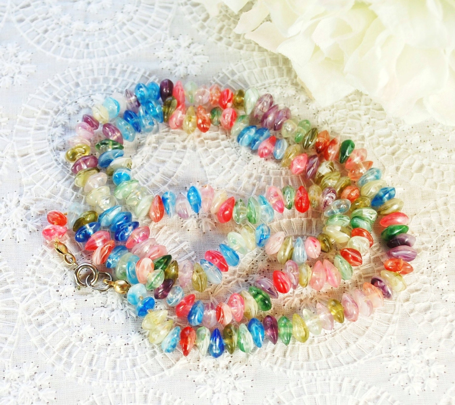 Vintage Beaded Necklace, Pastel Marbled Plastic Stones, Pink Blue Purple Beads, 1970s Spring Summer Jewelry