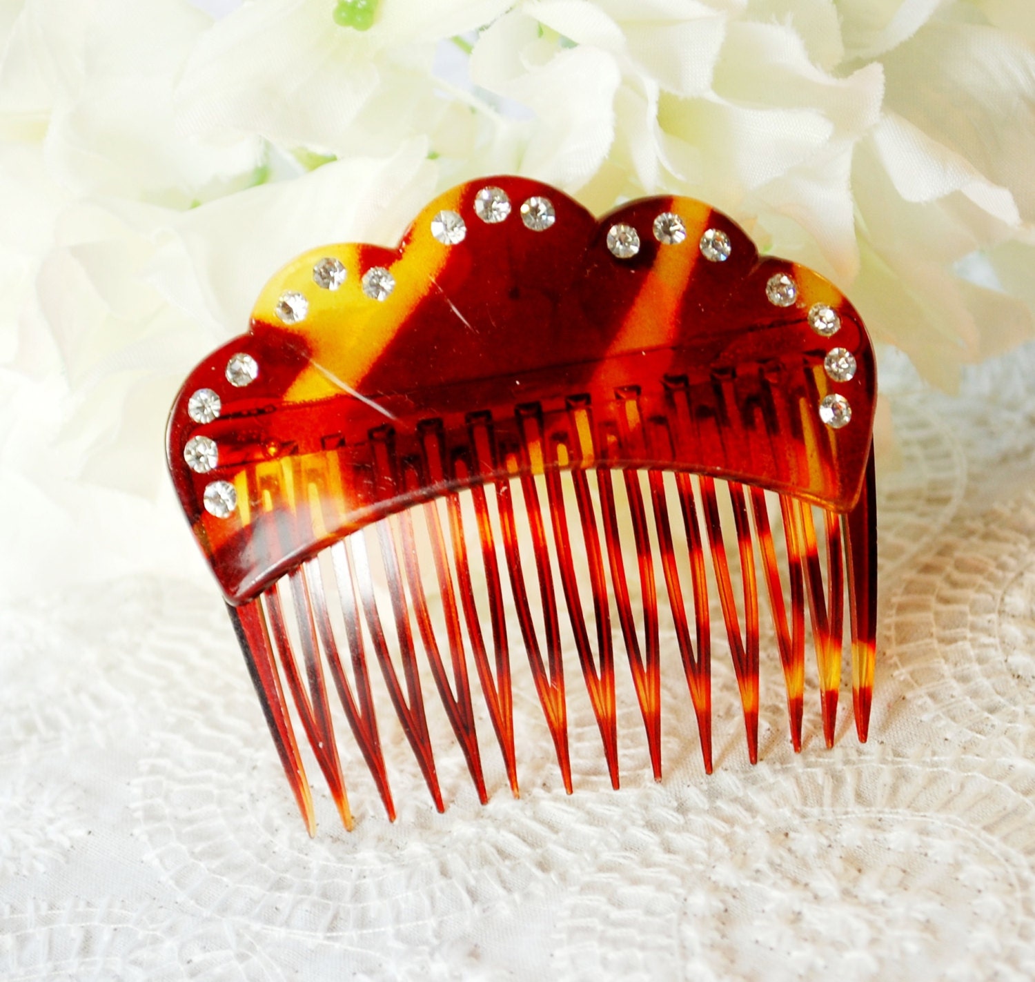 Vintage Hair Comb, Tortoiseshell Lucite, Marbled Brown Tortoise Shell, Embedded Rhinestones, Designer GOODY, 1960s Mad Men Accessory