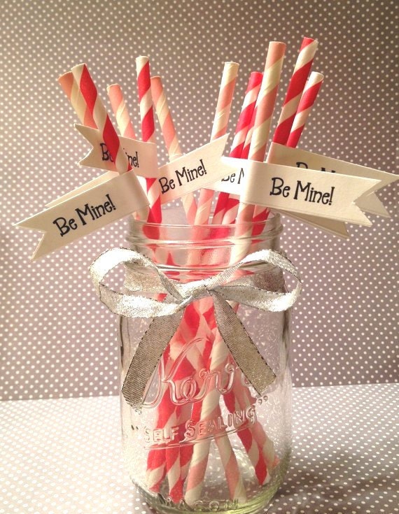 25 Valentine's Day Paper Straws AND Straw Flags - Be Mine - Pink - Red