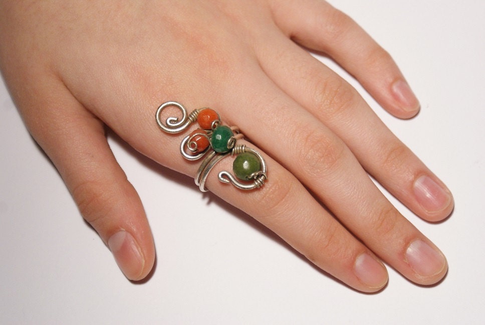 handmade sun stone and green jade ring-energy-reiki- wire wrapped jewelry handmade-Adjustable ring-silver ring