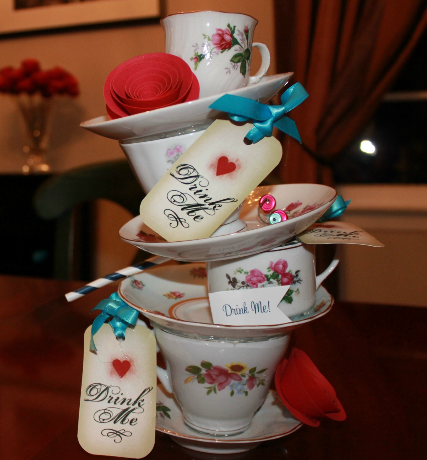Stackable Teacups & Teapot Centerpiece (4 tea cups high) - Alice in Wonderland/Mad Hatter Tea Party/UnBirthday