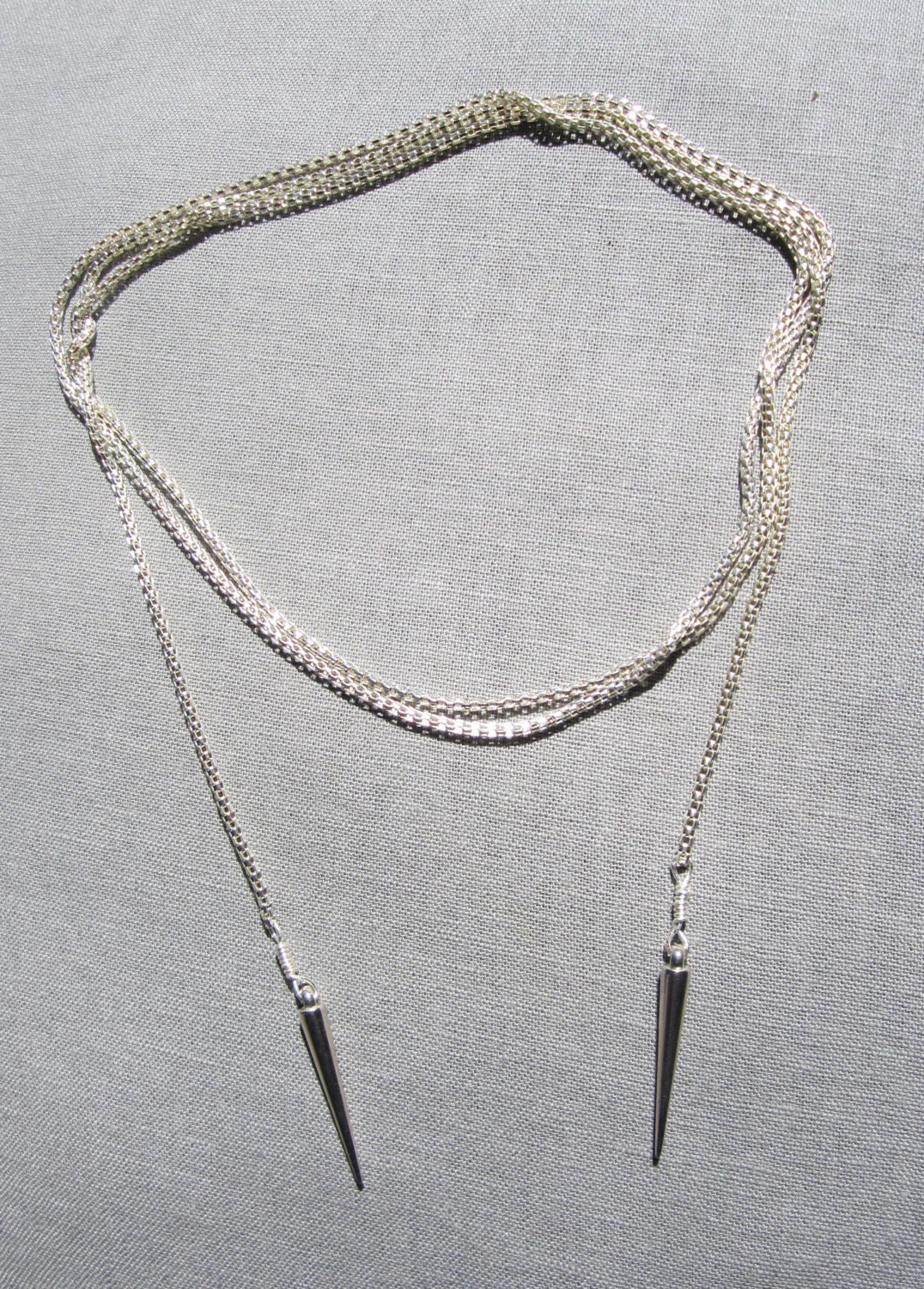 Long Round Mesh Silver Wrap Necklace With Two Wire Wrap Cones