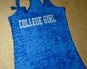 College Girl. Glitter Writing. Bow. Tank top. Racerback. Size S-2XL. Burnout. Black. Exercise. Soft. Women. Workout. Fitness.