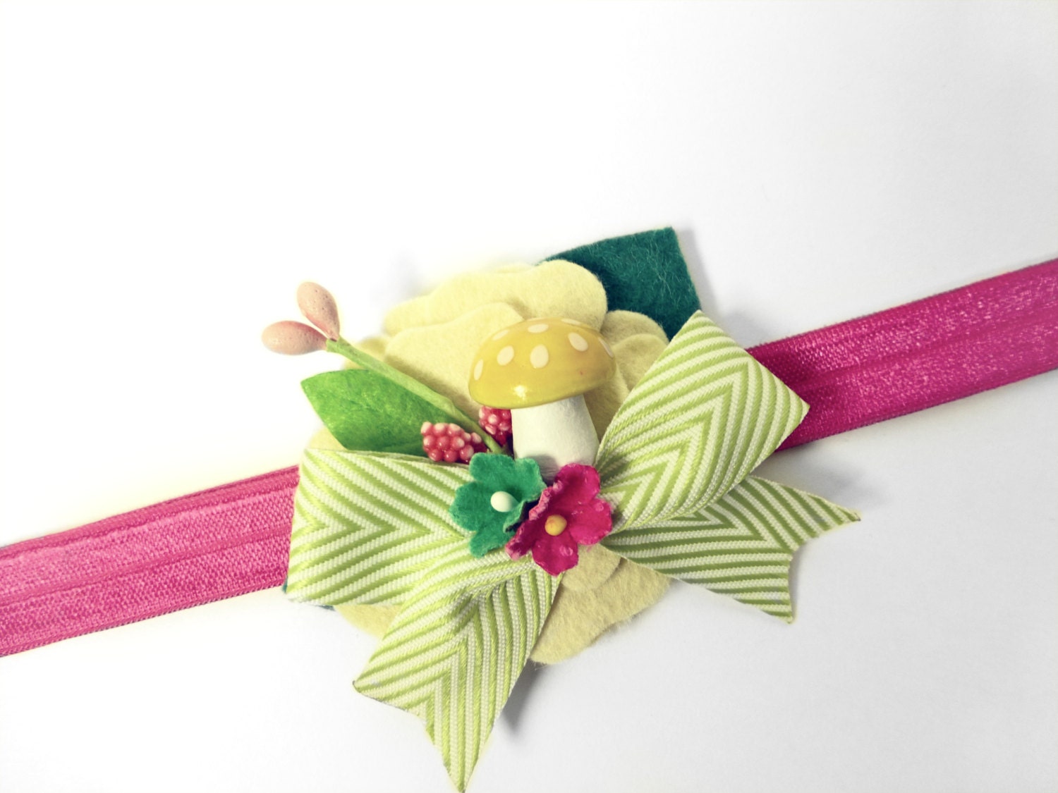 Spring Mushroom Headband - Wool Felt Flower Headband with Spun Mushroom, Millinery Flowers & Chevron Ribbon - Woodland