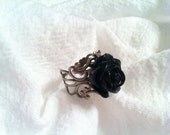 Rose Ring / Wedding Jewelry / Bride / Bridesmaid Gift / Cocktail Ring / Fashion / Scroll / Flower Ring / Adjustable (BLACK) (FREE SHIPPING)