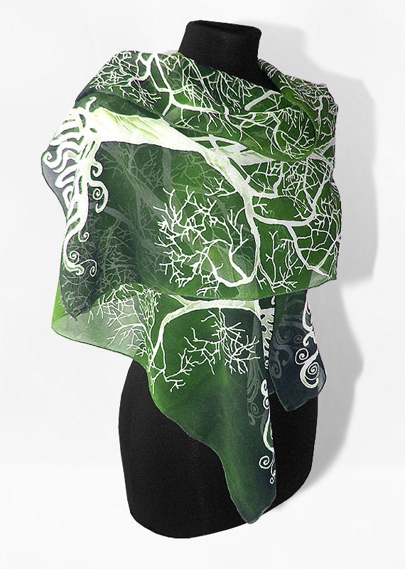 Long silk scarves White Tree in Green hand painted hand made Scarf - green white LOTR - MinkuLUL