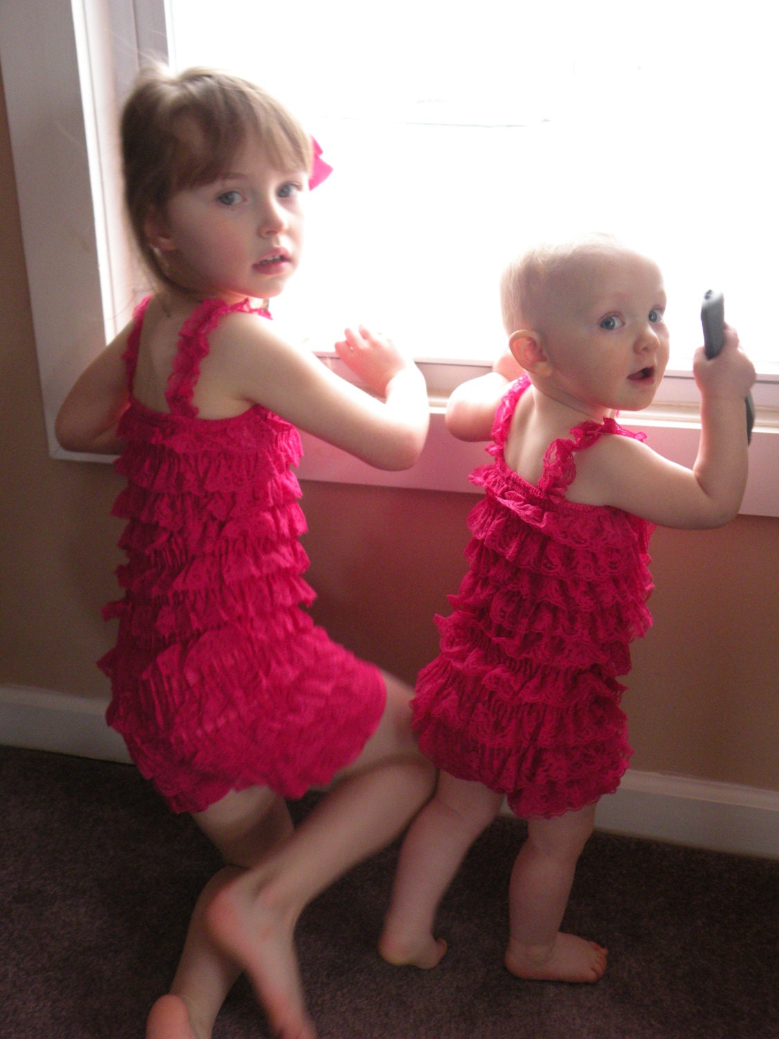 Petti Lace Romper Hot Pink for baby / infant girl Small/ medium/ lg- Vintage shabby chic look / one piece jumper/ romper newborn-4t