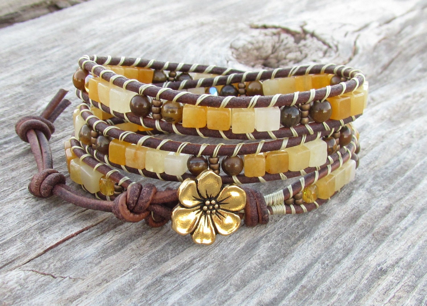 Ombre Yellow Jade 3x leather wrap with tiger's eye, Czech glass, Toho seed beads, gold  flower button and distressed leather cord