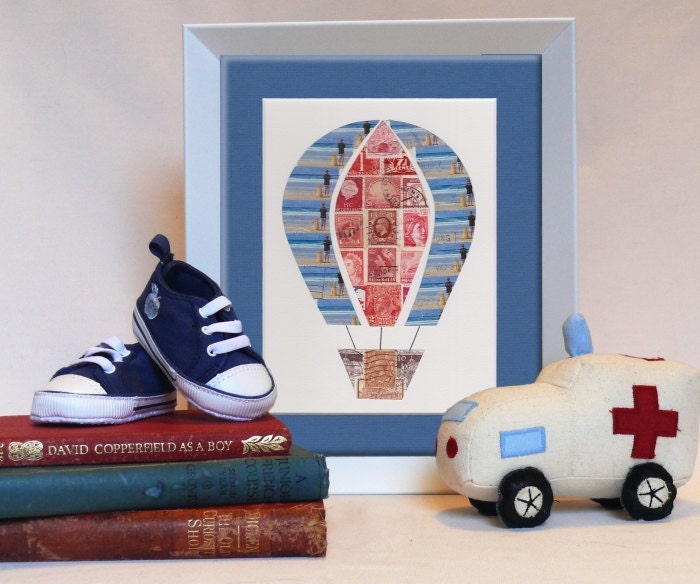 Hot Air Balloon original art - unique, handmade Vintage postage stamp art. Birthday gift, nursery decor, baby boy gift - Max & Me Designs