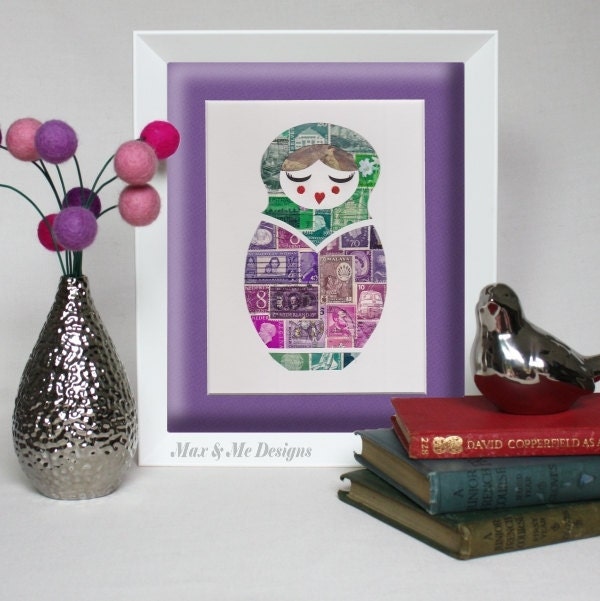 Babushka Doll - Unique, handmade Vintage postage stamp art. Birthday gift, gift for Mum, nursery decor, 8x10 - Max & Me Designs