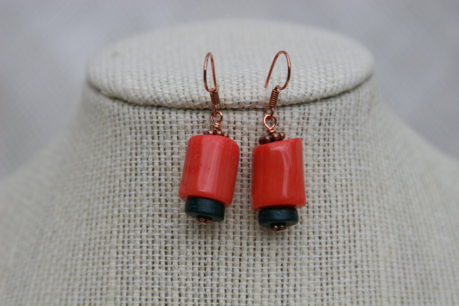 bright summer coral and teal dangle earrings, green and coral earthy, boho earrings