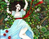 8x10 matted to 11x14 Snow White, Dark sexy, brunette, forrest, apple, sexy, red ribbon, ivy and flowers painting by Rachel Walker