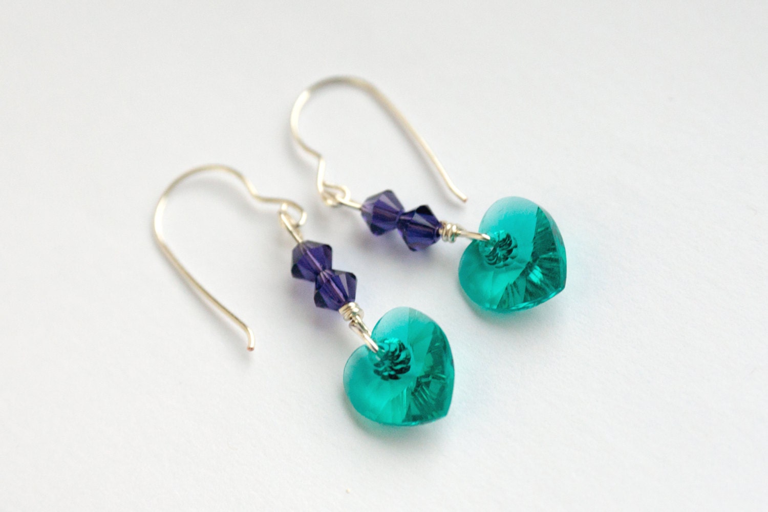 blue zircon and purple heart earrings, crystal jewellery uk