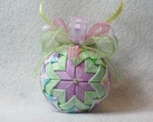 Quilted Easter ornament - no sew - green, purple, and white easter egg print fabric, easter ribbon, green, pink, and purple bow