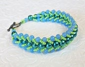 Ocean Waves Blue and Green Beaded Handmade Flat Spiral Bracelet with Toggle Clasp - Size Medium 7.25"