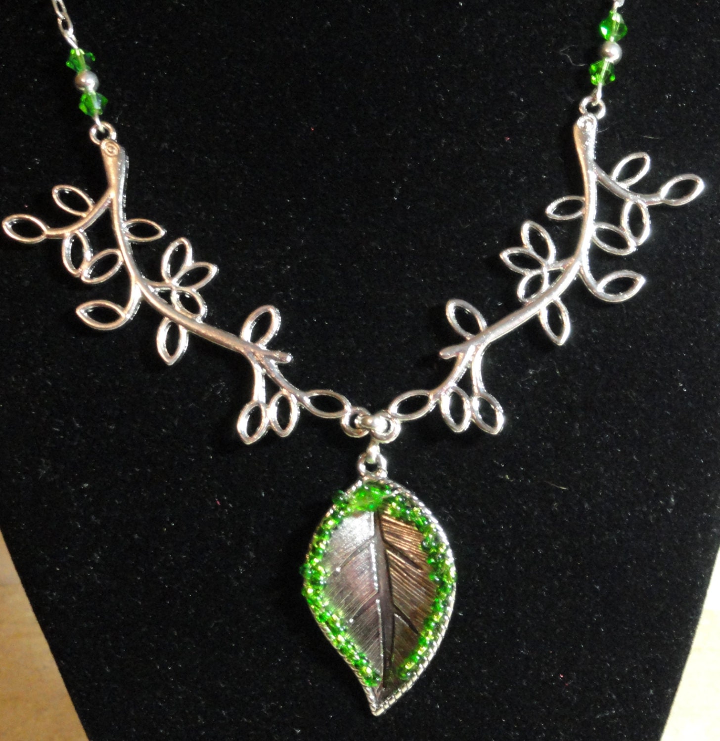 Silver Etched Leaf and Branch Necklace and Matching Earring Set Embellished with Green Seed Beads