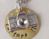 HAND STAMPED JEWELRY- Capture Life  Brass hand stamped pendant with 18 inch ball chain