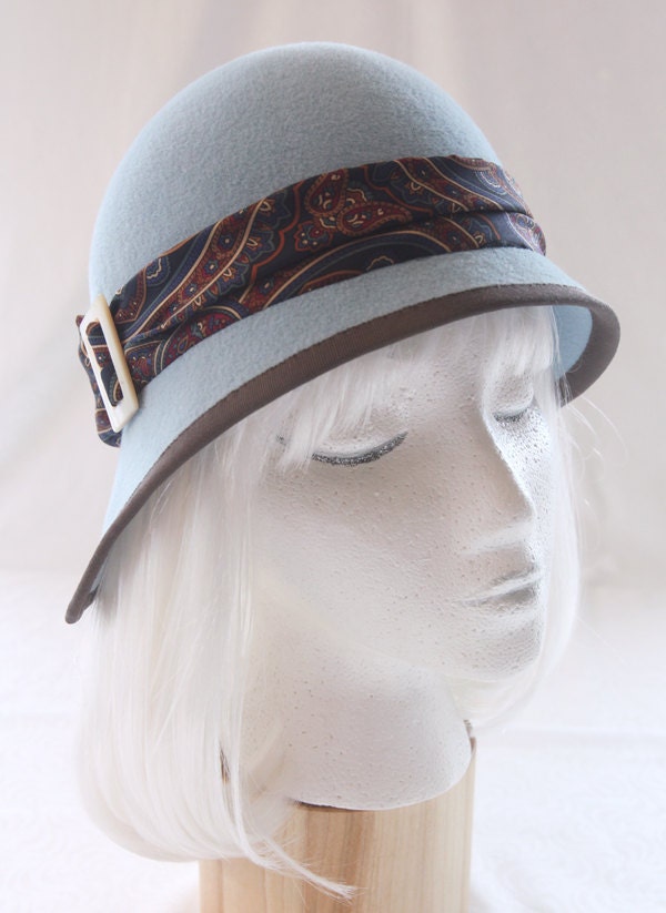 Vintage Inspired Light Blue Cloche, Velour Fur Felt Hat with Silk Paisley Band, 1920s style