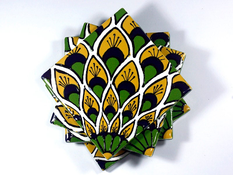 Yellow, Blue & Green "Peacock" Talavera Style Coasters/Talavera Style Tiles -- Set of Four