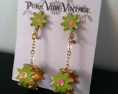 Retro 60s Lime Green and Pink Daisy Drop Earrings, clip back, round, floral, flower, dainty