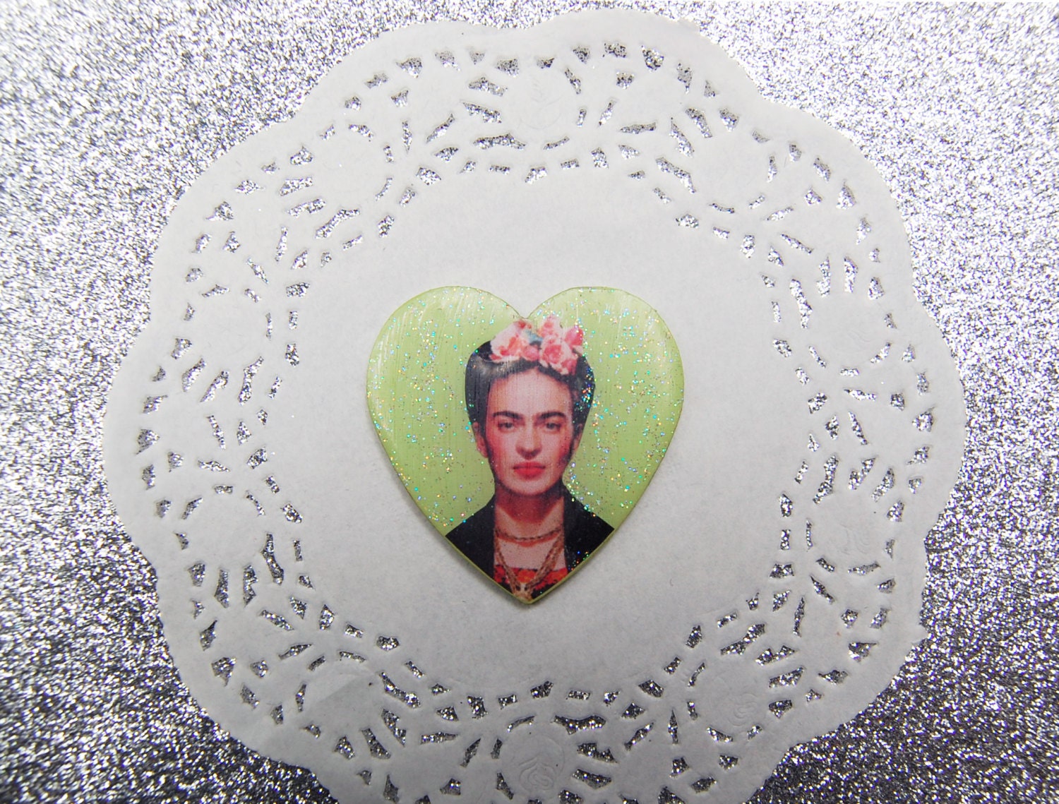 lime green glitter FRIDA KAHLO heart brooch - cute & kitsch